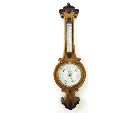 Oak banjo barometer/thermometer, the 8" white dial signed G.S. Wood, Late Abraham & Co, Optician, Liverpool, within a C-scrol