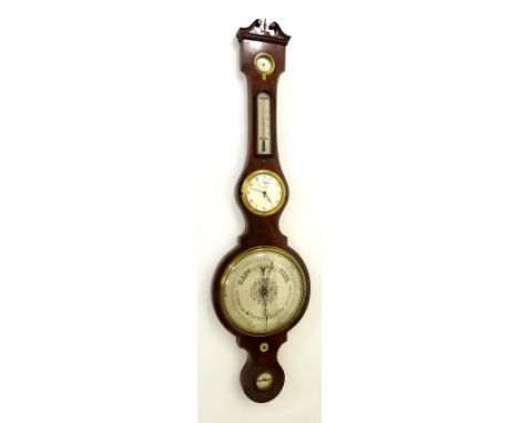 Good mahogany banjo five glass clock/barometer signed J Peni... London, the 10" principal silvered barometer dial beneath the