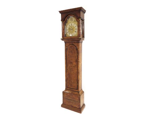 Good figured walnut eight day longcase clock with five pillar movement, the 12" brass arched dial signed Thomas Haslewood, Lo