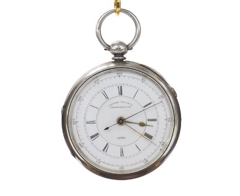 Silver centre seconds chronograph lever pocket watch, Chester 1878, unsigned three-quarter plate movement, no. 52904, origina