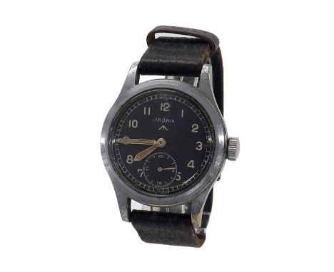 Rare Lemania Military issue stainless steel gentleman's wristwatch, signed circular black dial with Miliary arrow, Arabic num