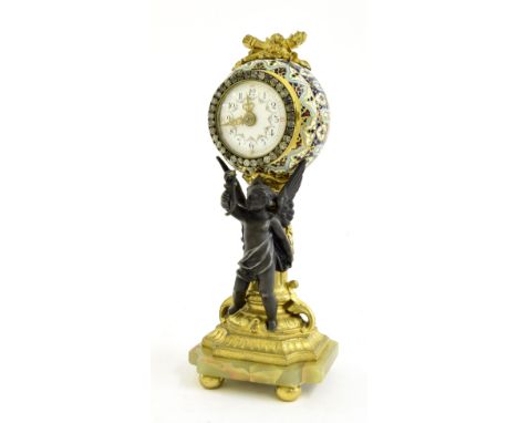 Novelty cloisonne and gilt metal pillar clock timepiece, the 1.75" painted dial within a paste set bezel surround and globe c