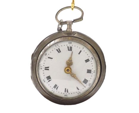 Unusual Continental white metal verge pair cased pocket watch, the ornate silvered and gilt engraved movement set with colour