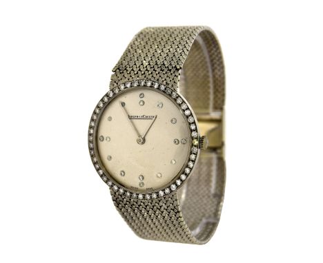 Jaeger LeCoultre 18k white gold gentleman's bracelet watch, silvered dial with diamond hour markers, diamond bezel, signed mo