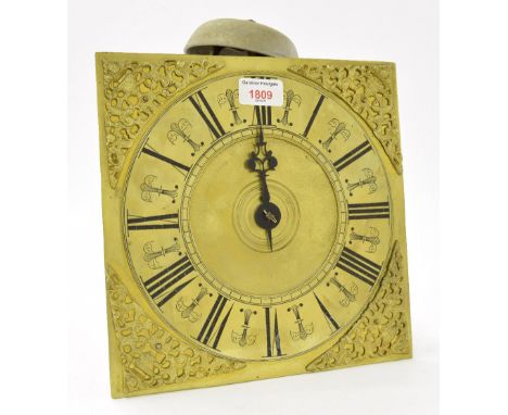 Quaker thirty hour longcase clock birdcage movement, the 10" square brass dial with brass chapter ring enclosing a matted rin