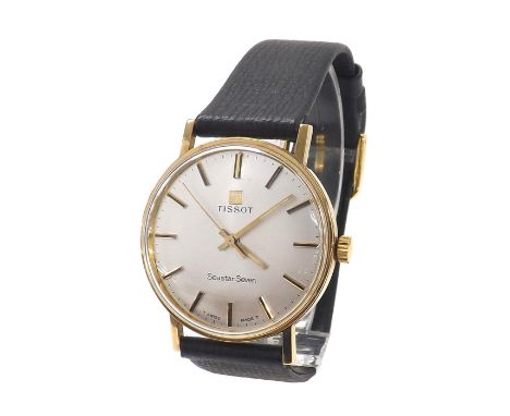 Tissot Seastar Seven 9ct gentleman's wristwatch, silvered dial with baton markers and centre seconds, presentation inscribed 
