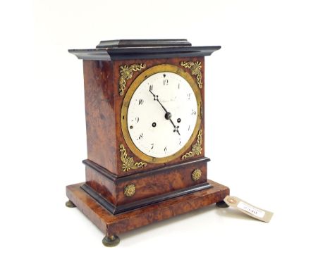Austrian burr walnut two train mantel clock in need of restoration, the 4.75" convex white enamel dial signed Fertbaur in Wie