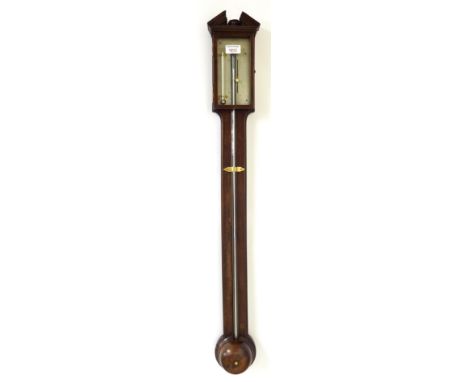 Irish mahogany stick barometer, signed Joseph Gatty, Dublin on the silvered scale plate, over a flat trunk to the hemispheric