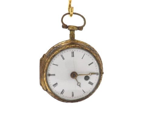 Le Roy á Paris French gilt metal and enamel verge pocket watch, signed fusee movement with square baluster pillars, silvered 