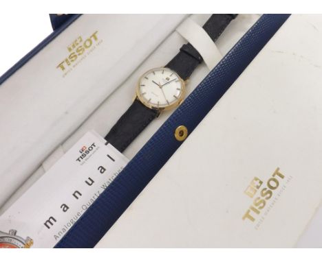 Tissot Seastar 9ct gentleman's wristwatch, circular silvered dial with baton markers and centre seconds, modern black leather