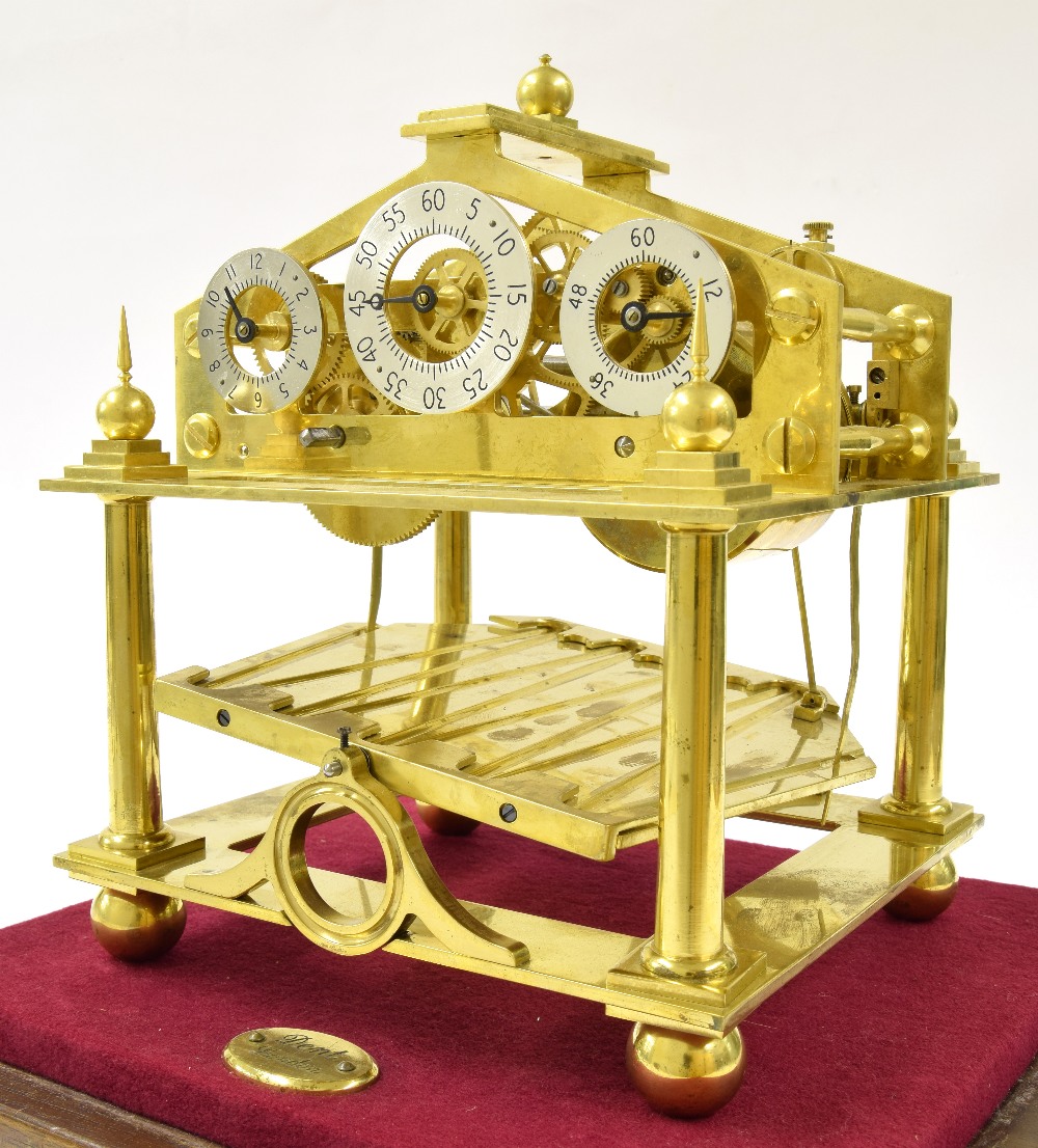 Small brass Congreve style single fusee rolling ball clock by Dent