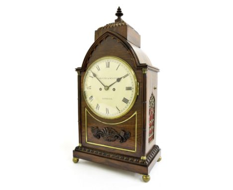 Good English rosewood Gothic double fusee bracket clock, the foliate engraved shaped movement back plate signed Forsyth & Mal