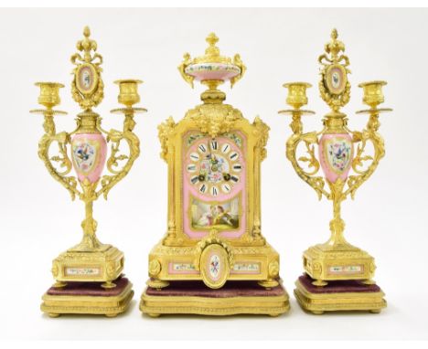 French gilt metal and porcelain mounted two train mantel clock garniture, the movement with outside countwheel striking on a 