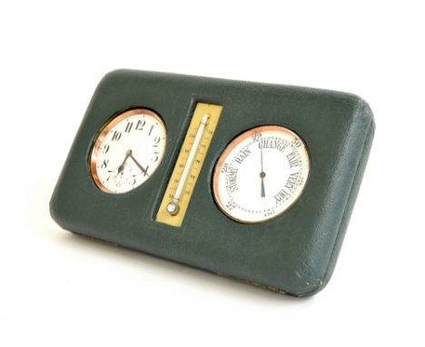 Nickel cased Goliath pocket watch with subsidiary seconds dial, with companion barometer, within an outer leather travelling 