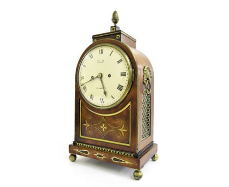 Mahogany double fusee bracket clock, the 7" convex white dial signed Cribb, London, within a panelled rounded arched brass bo