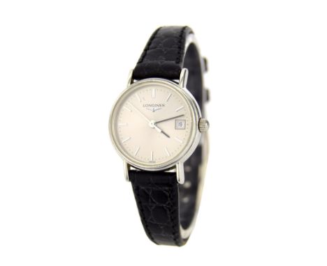 Longines stainless steel lady's wristwatch, ref. L4.220.4, no. 30050371, circular grey dial with baton markers, date aperture