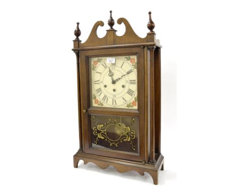 American style mahogany three train shelf clock, with German movement playing on five rods, 27" high (pendulum and key)
