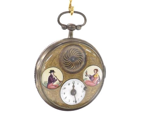 Continental verge pocket watch, fusee engraved gilt movement with regulating scale, ornate engraved gilt dial plate with visi