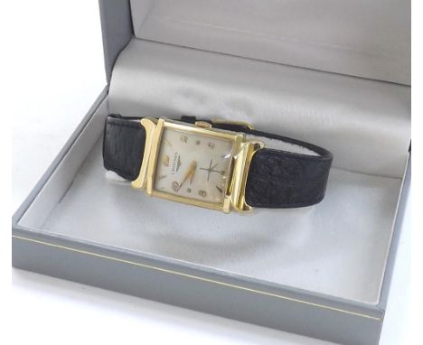 Longines 14ct gentleman's wristwatch, circa 1950, silvered dial with Arabic numerals, dauphine markers and subsidiary seconds