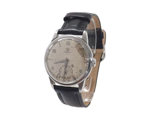 Omega stainless steel gentleman's wristwatch, circa 1958, case ref. 1824, circular silvered dial with Arabic numerals, dagger