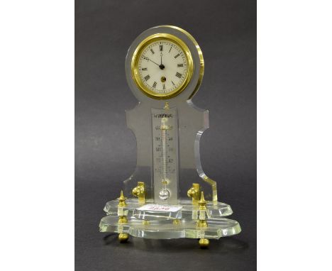 Small glass and gilt metal mounted desk clock timepiece/thermometer, within a shaped stepped case, 8.25" high