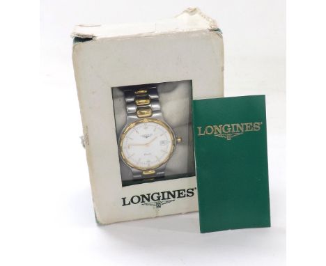 Longines Conquest bi-colour gentleman's bracelet watch, ref. L1. 614.3, no. 28069178, circular white dial with baton markers,