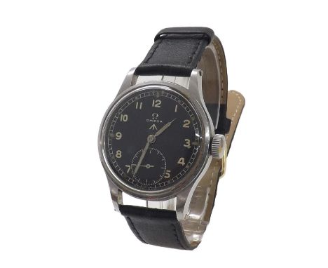 Omega British Military issue stainless steel gentleman's wristwatch, circa 1944, case no. 10677539, circular black dial with 