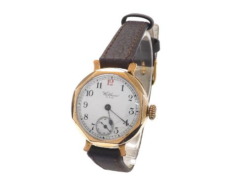 Waltham 9ct mid-size octagonal wristwatch, import hallmark for London 1925, circular white dial with Arabic numerals, red twe