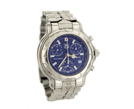 Tag Heuer 6000 Series Professional 200m chronograph stainless steel gentleman's bracelet watch, blue dial, Tag Heuer bracelet