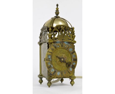 Interesting small brass verge lantern clock with alarm in the manner of Knibb, the 3.75" brass chapter ring enclosing a folia