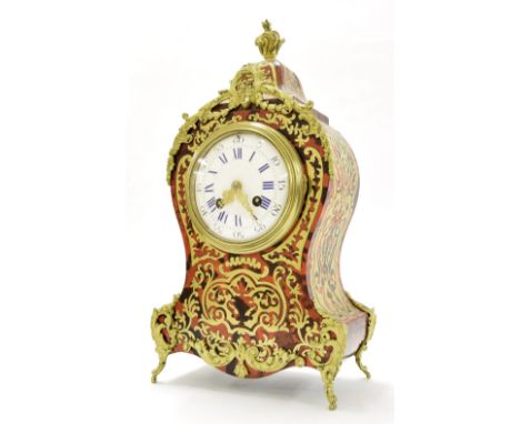 French boulle two train balloon mantel clock striking on a bell, the 4" white enamel dial within a shaped case surmounted by 