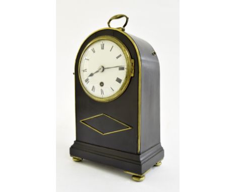 Good small ebonised single fusee mantel clock, the movement signed Dwerrihouse & Carter, Berkeley Square, with locking pendul