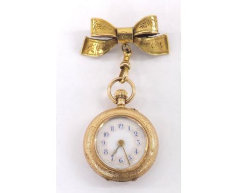 Continental 14ct and enamel fob watch, gilt frosted bar cylinder movement, the white and pink dial with blue Arabic numerals,