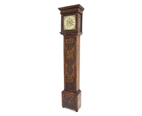 Walnut marquetry eight day longcase clock, the 11" square brass dial signed William Juxon, Tamworth on the silvered chapter r