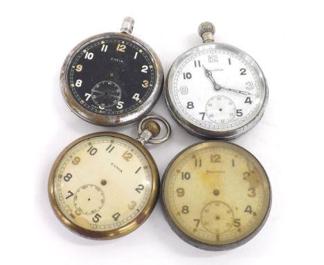 Two Helvetia WWII British Military Army issue nickel cased lever pocket watches for spares or repair; together with two Cyma 