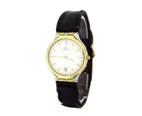 Omega two-tone gentleman's wristwatch, ref. 196.0316 / 396.1016, circular white dial with baton markers, outer Roman numerals