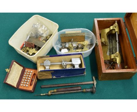 Old brass and steel depthing tool, within a mahogany box; also a quantity of various other Jacot type tools and a Tour á Tour