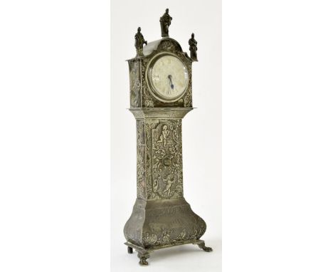 Victorian silver novelty clock timepiece in the form of a longcase clock with pocket watch movement, repousse allover with ch