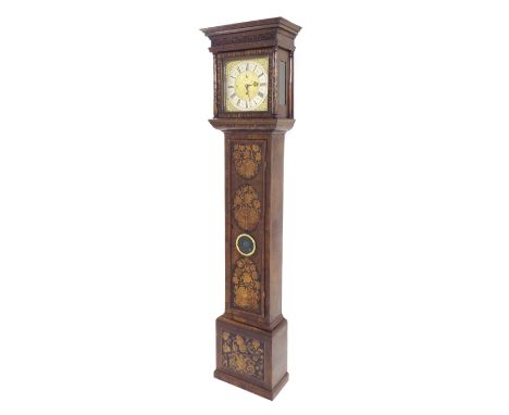 Walnut marquetry three train longcase clock, the 12" square brass dial signed George Harrington, London on the silvered chapt