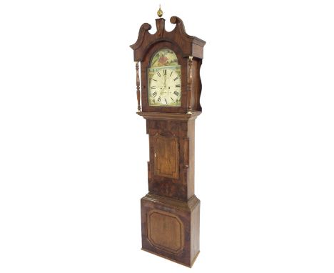 Mahogany and oak eight day longcase clock, the 14" painted arched dial signed W. Helliwell, Leeds to the centre with subsidia