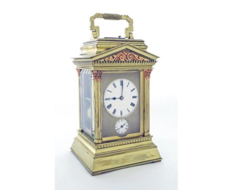 Good French repeater carriage clock with alarm, striking the hours and quarters on a single gong, no. 8419, the 2.25" enamel 