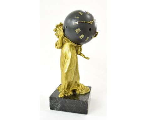 Attractive ormolu and green marble globe mantel clock timepiece, the movement casing being held aloft by a young robed lady, 