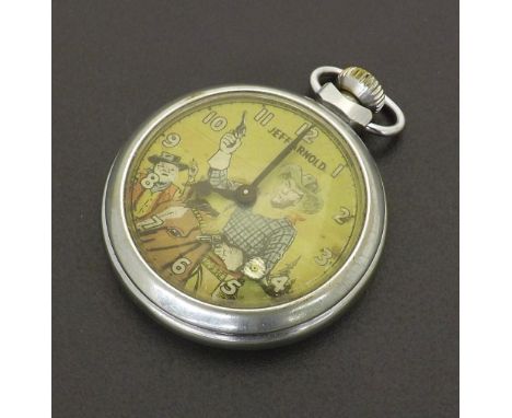 'Jeff Arnold' novelty chrome plated pocket watch, the automaton dial with Arabic numerals, 51mm . Condition Report: . Movemen