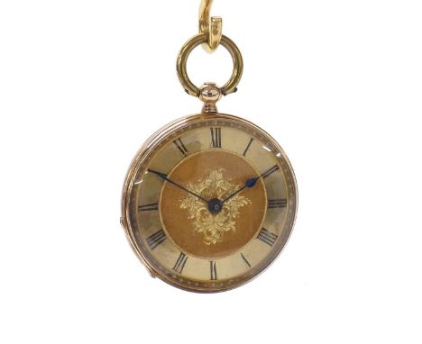 Gold engine turned and engraved cylinder fob watch, frosted gilt bar movement, gilt dial with Roman numeral chapter enclosing