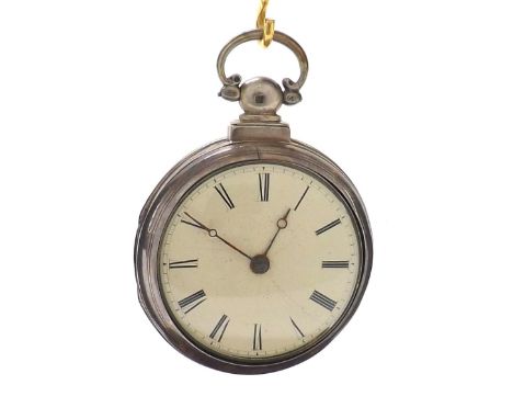 19th century silver fusee verge pair cased pocket watch, Birmingham 1840, unsigned movement, 53mm; with key (outer case assoc