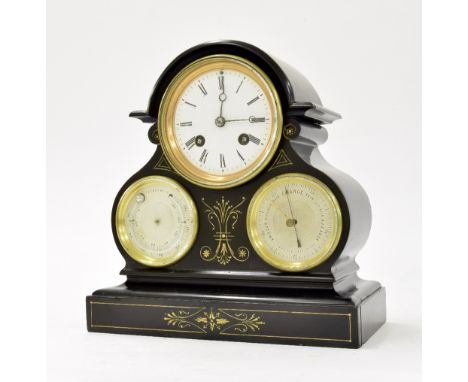 Attractive small black slate triple dial two train mantel clock, the Japy Freres movement stamped R & C, Paris & London on th