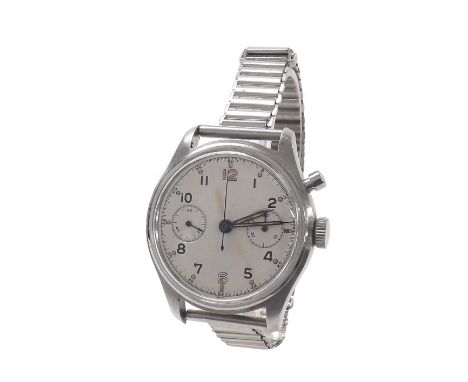 WWII British Navy issue single push button chronograph stainless steel wristwatch, circular silvered dial with Arabic numeral