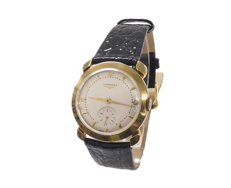 Longines 14k gentleman's wristwatch, circa 1950, circular silvered dial with applied baton markers, dauphine hands and subsid