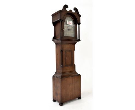 Miniature/apprentice piece mahogany two train longcase clock striking on a bell, the 3.25" brass arched dial with foliate eng