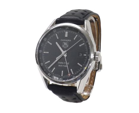 Tag Heuer Carrera Twin-Time automatic stainless steel gentleman's wristwatch, circular black dial with baton markers, minute 